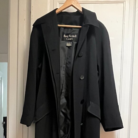 Large Black Trench Coat - Anne Klein 100% Wool - Picture 1 of 10